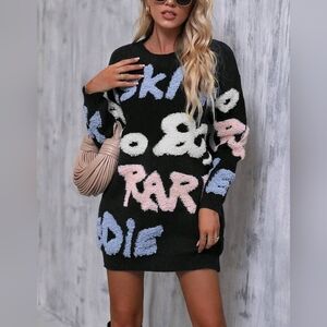 SHEIN Essnce Letter Pattern Drop Shoulder Sweater Dress. Size XS.